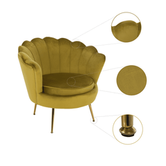 Fotoliu în stil Art-deco, catifea Velvet muştar/crom auriu, NOBLIN