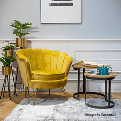 Fotoliu în stil Art-deco, catifea Velvet muştar/crom auriu, NOBLIN
