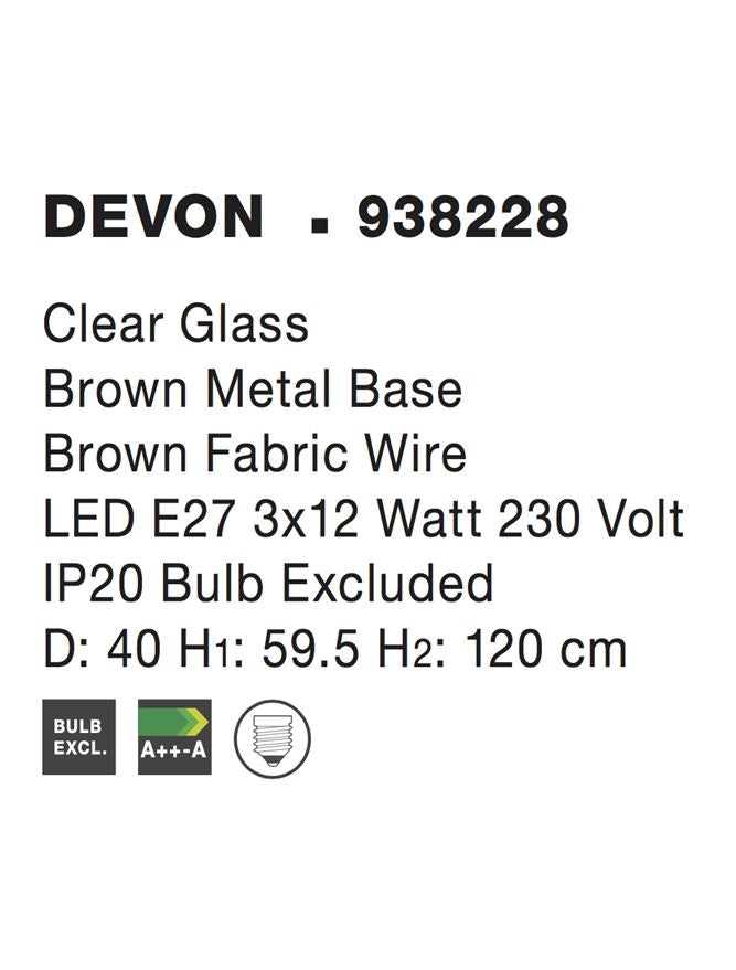 Lustra cu baza metalica maro cu fir textil si abajururi din sticla transparenta Devon