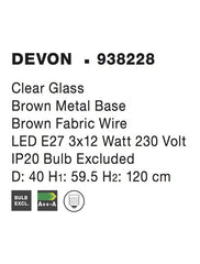 Lustra cu baza metalica maro cu fir textil si abajururi din sticla transparenta Devon