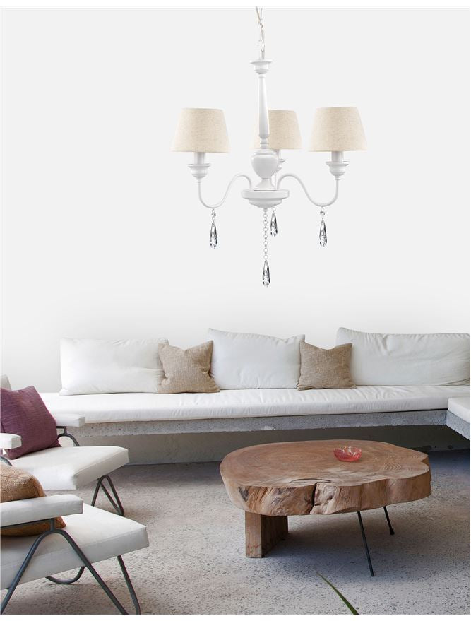 Lustra metalica alba cu cristale si abajur textil crem Elegant